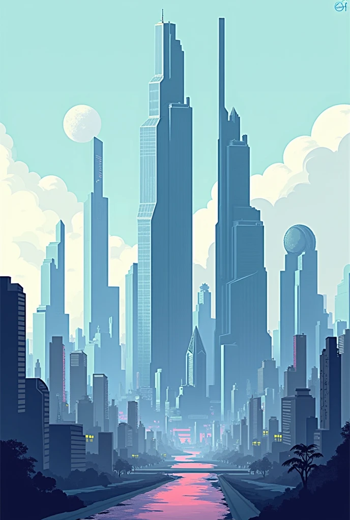 Wallpapers for android With a long size downwards, A futuristic cityscape with skyscrapers in 2d art and like pixel art in cool colors. 