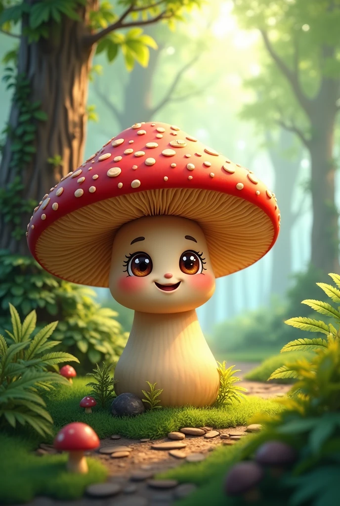 Shiitake mushroom cartoon with face cute beautiful details in the forest