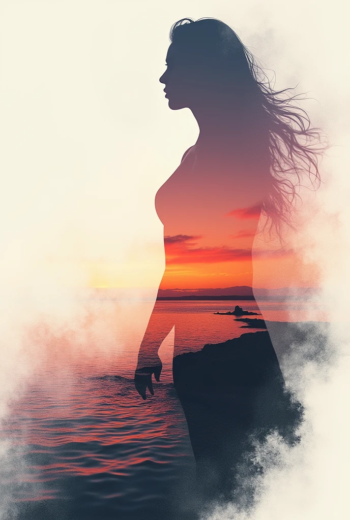 high quality, 8K Ultra HD, A beautiful double exposure that combines an goddess silhouette with sunset coast, sunset coast should serve as the underlying backdrop, with its details incorporated into the goddess , crisp lines, The background is monochrome, sharp focus, double exposure, by yukisakura, awesome full color,