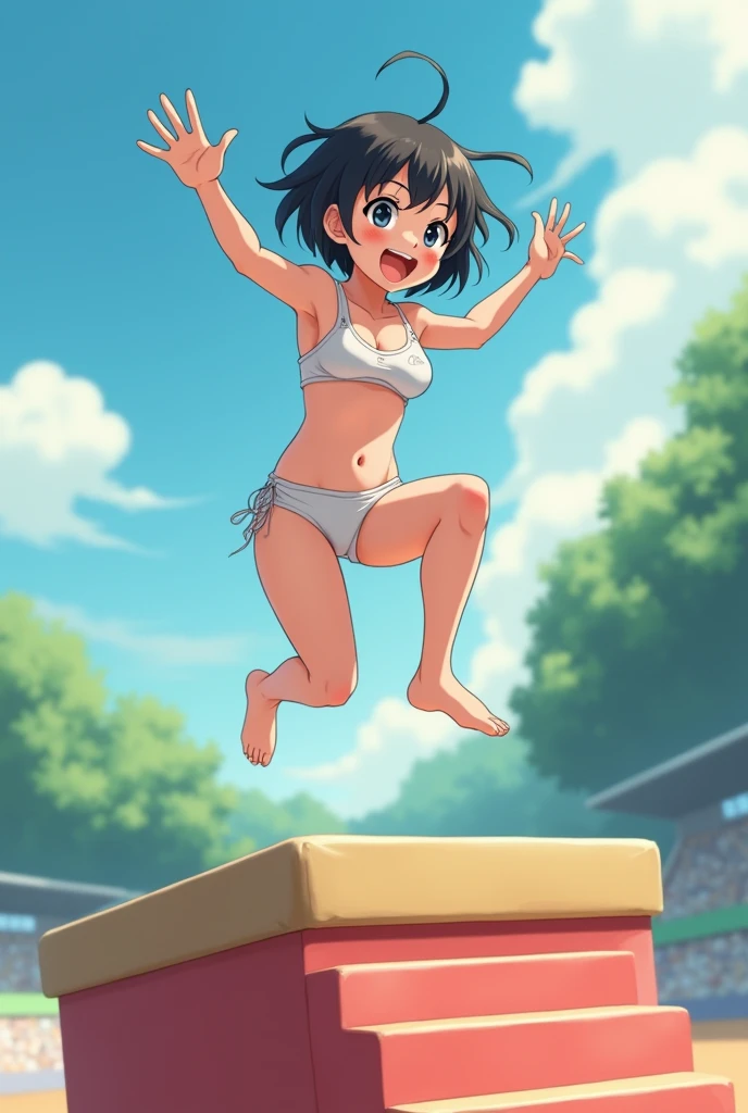 A Japanese boyish girl with short hair, wearing a torn white string bikini swimsuit, jumping over an eight-step vaulting box with a bright smile.Ultra HD