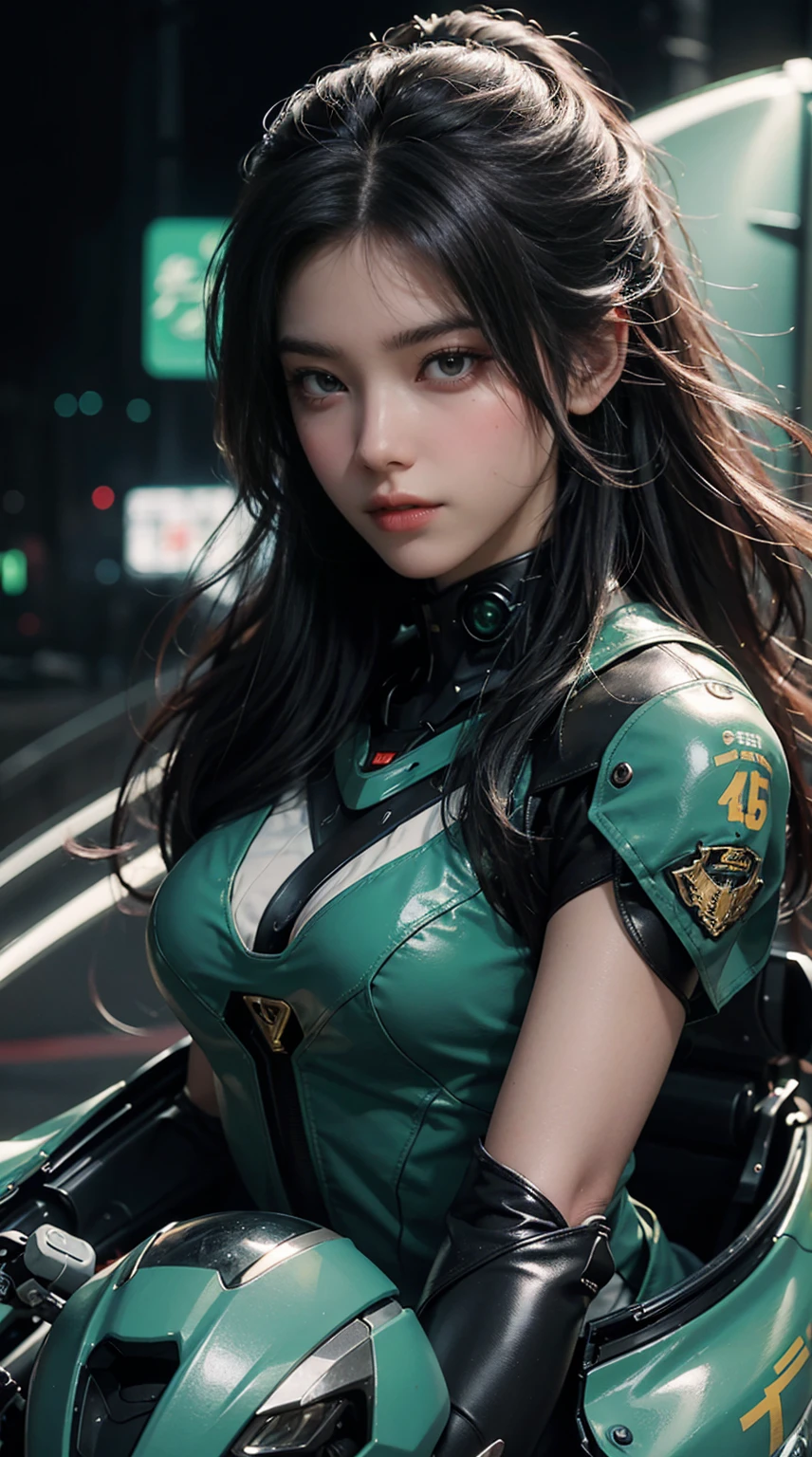Highest image quality, outstanding details, ultra-high resolution, (realism: 1.4), the best illustration, favor details, highly condensed 1girl, with a delicate and beautiful face, dressed in a black and green mecha, wearing a mecha helmet, holding a directional controller, riding on a motorcycle, the background is a high-tech lighting scene of the future city.