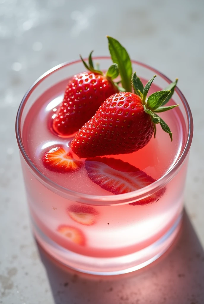 Cut clear jelly that on top with strawberry in the clear box (top angle)