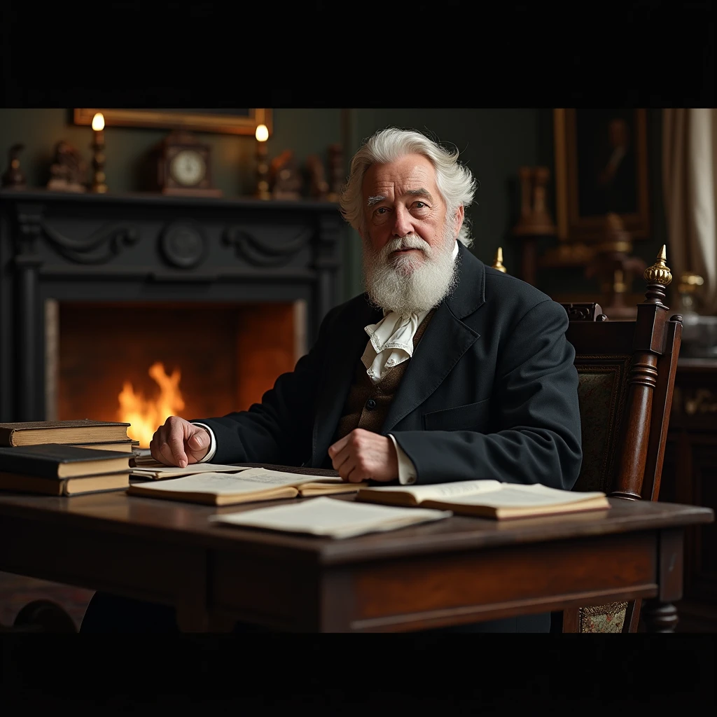 The same gentleman but another day, further away, an old professor with white hair, 7, with a reassuring beard - year 1800 in front of an open fire , . assis à son bureaux vieux salon Ancien Homme de 75 ans sage . serious . érudit de science plan large