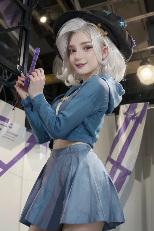 mlptrixie, white hair, wizard hat, purple eyes, colored skin, blue skin, star hair ornament, blue hoodie, purple skirt, looking at viewer, serious, grin, medium shot, action pose, holding a wand, on stage, bright lighting, high quality, masterpiece, 