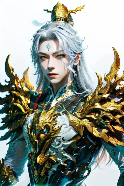 Handsome young xianxia protagonist,man,guy,long silver hair, Crimson red and golden amber eyes combination ,eyes focus detailed((no noice)),(((no noice))),and long silver hair with white undertone,and the golden rune motiv scratched on his forehead((no noice)),use armour featuring like pattern on furr of white Tiger chinese with white nt color,pauldron protective shape like dragon head,breastfeaturing like white Tiger,breastplate ed white Tiger shape,shoulder protective dragon shape like white Tiger,sun and moon background, white dominant color,whiinant color, white do color armour,with majgolden line , ((no noice))And majestic golden wings at back,wings at back,terrifying aura around,24K ultra hd,face and eyes detail,lips and face detail,masterpiece ,better quality,ultraa realistic face((no noice)),good face proportion,eyes detailed,((perfect face)),perfect eyes ,perfect face proportion,