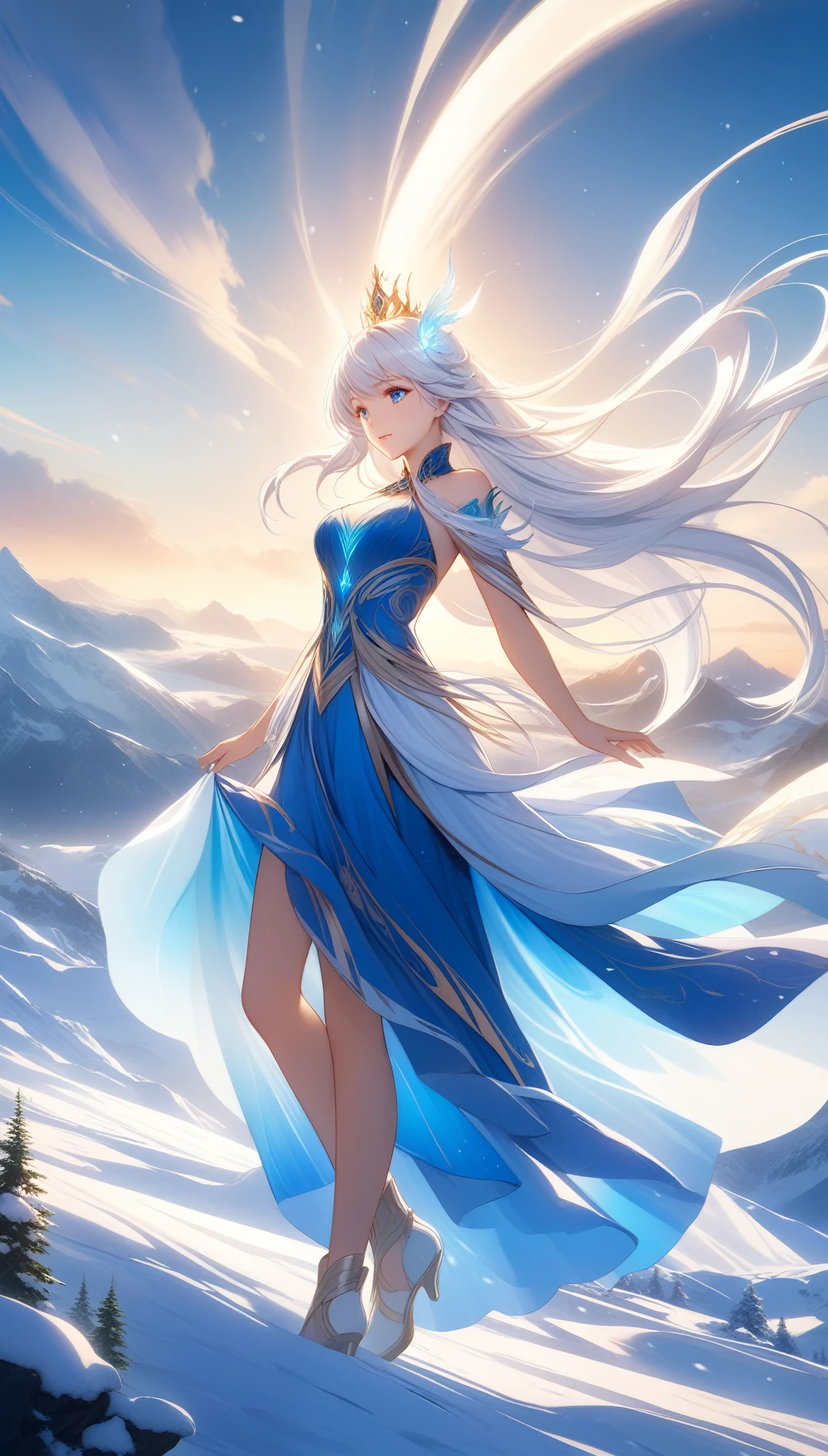 Anime girl with long white hair and blue dress in the snow, White-haired God, White hair floating in the air, Anime fantasy illustration, Flowing white hair, Beautiful young wind spirit, Beautiful fantasy anime, Shiny, flowing hair, Ethereal Anime, Beautiful anime artwork, Beautiful digital art, Anime fantasy artwork, ((Beautiful Fantasy Empress)), 2. 5 d cgi Anime fantasy artwork, ((32K)), ((best quality)), ((ultra high res)), ((HDR)), ((uhd)), ((extremely detailed CG)), ((unity 32K wallpaper)), 
