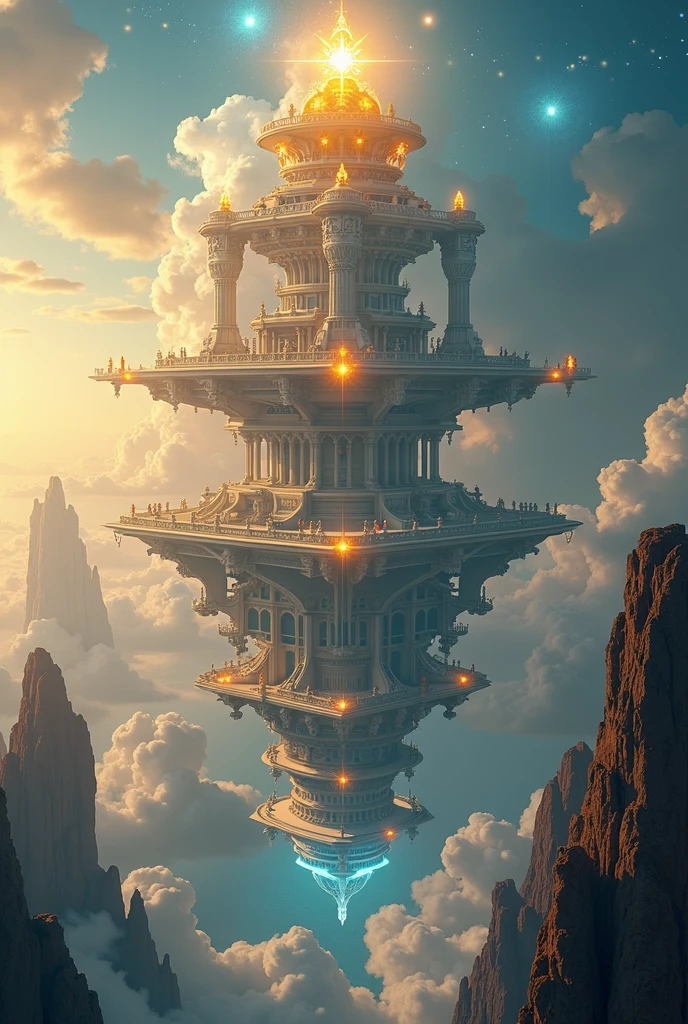 a vast, awe-inspiring landscape with seven majestic celestial realms stacked one above another, each realm with its own distinct architecture, glowing celestial bodies, floating islands, angelic figures, warm lighting, dramatic clouds, intricate details, masterful composition, cinematic perspective, vibrant colors, (best quality,4k,8k,highres,masterpiece:1.2),ultra-detailed,(realistic,photorealistic,photo-realistic:1.37),cinematic lighting, dramatic atmosphere, mystical fantasy