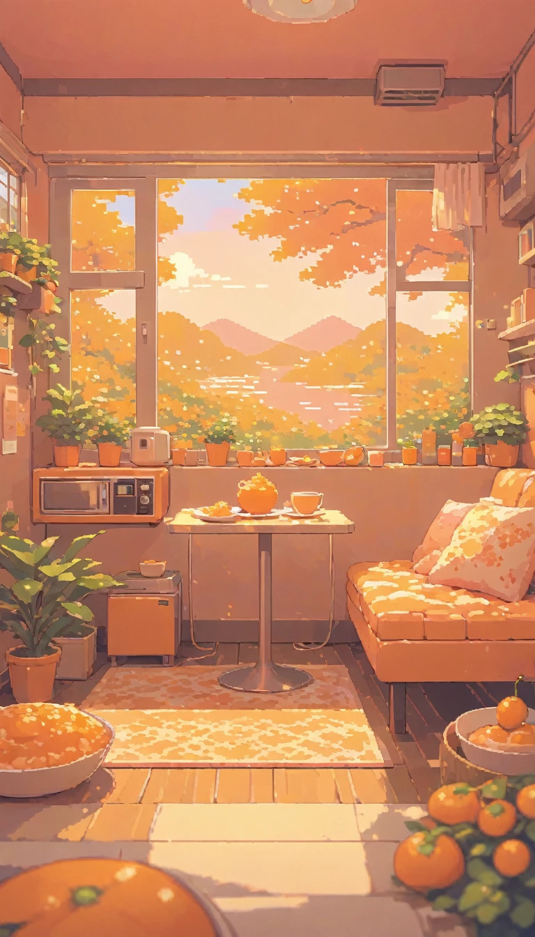 lofi pixel, No people ,Cozy,Orange Pink color ,food