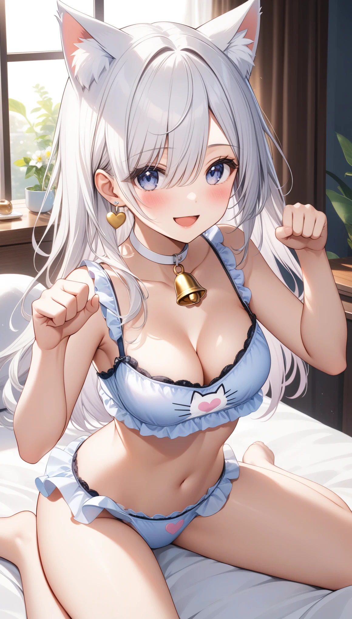 1girl, solo, long hair, breasts, looking at viewer, blush, smile, open mouth, navel, animal ears, cleavage, bare shoulders, jewelry, medium breasts, sitting, underwear, collarbone, white hair, :d, heart, thighs, earrings, frills, barefoot, choker, indoors, cat ears, stomach, bra, hair over one eye, two side up, animal ear fluff, pillow, grey eyes, hands up, bare arms, clothing cutout, bare legs, bell, on bed, wariza, cleavage cutout, underwear only, jingle bell, neck bell, white bra, paw pose, meme attire, white choker, frilled bra, cat cutout, cat lingerie, ((32k)), ((best quality)), ((ultra high res)), ((HDR)), ((UHD)), ((extremely detailed CG)), ((unity 32k wallpaper)),