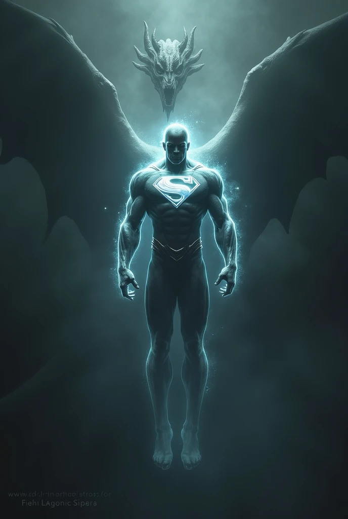 A man standing on air without revealing his face and body he was like a ghost baground like black world . He is muscular his suits like compind with two hetos Dhoom and superman . In his chect have aura symbol . His background have a dragon shade
