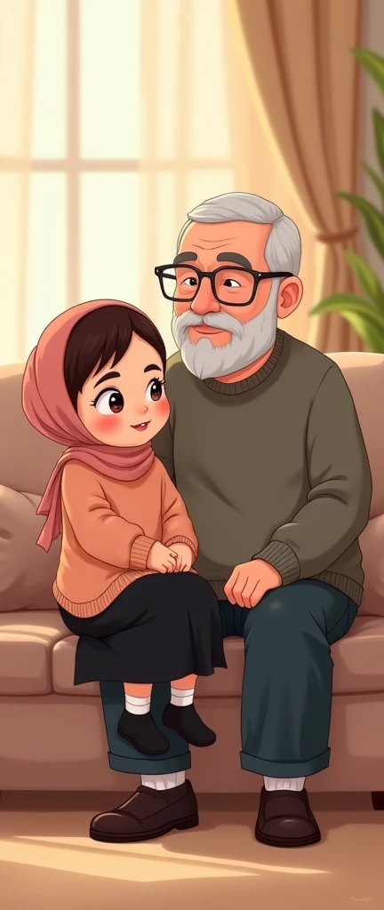 Cartoon with text: 
(masterpiece, best quality, 4k, expressive eyes, perfect face, 2d style, flat style, hand drawn, drawing, perfect illustration, screencap), Cute and adorable face, big detailed eyes,, Cute little cartoon girl, with brown hijab on, bangs, ((peach sweater, black skirt, black socks)), sitting on a big old mans lap on the couch, full body view 