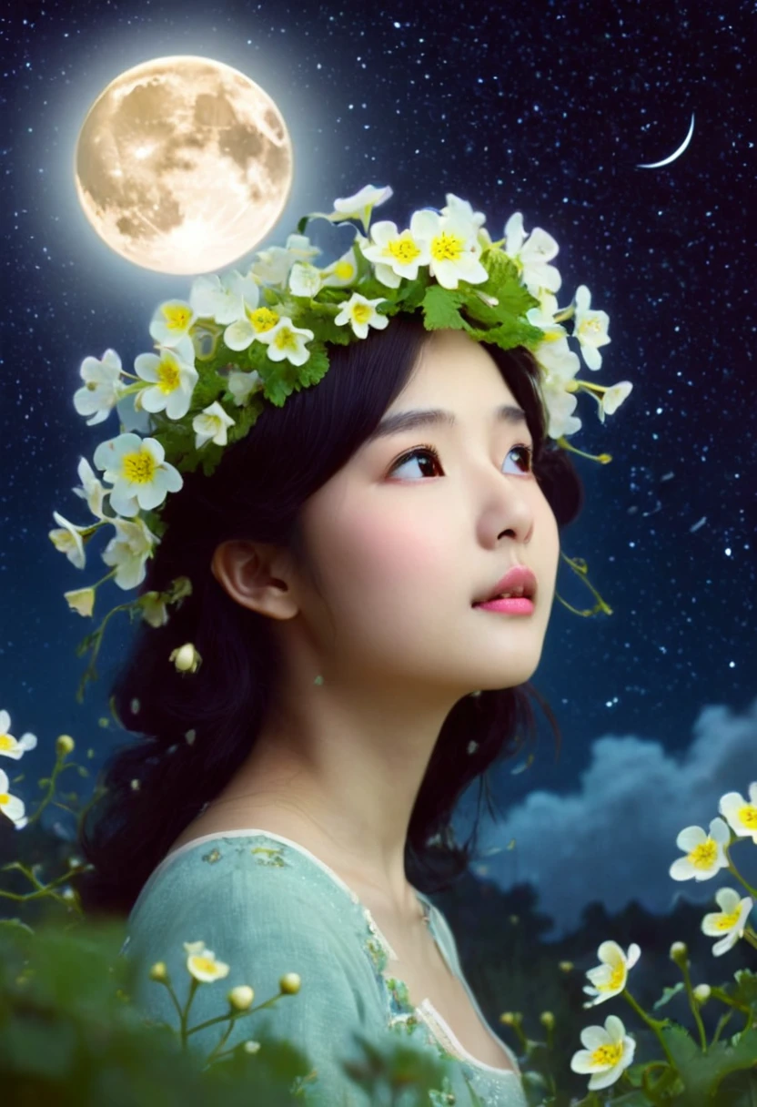 In the moonlight、A girl wearing a crown of evening primroses on her head、Looking up at the night sky。A group of evening primroses surround the girl.、A fantastic space spreads out。An illustration、Dreamy atmosphere