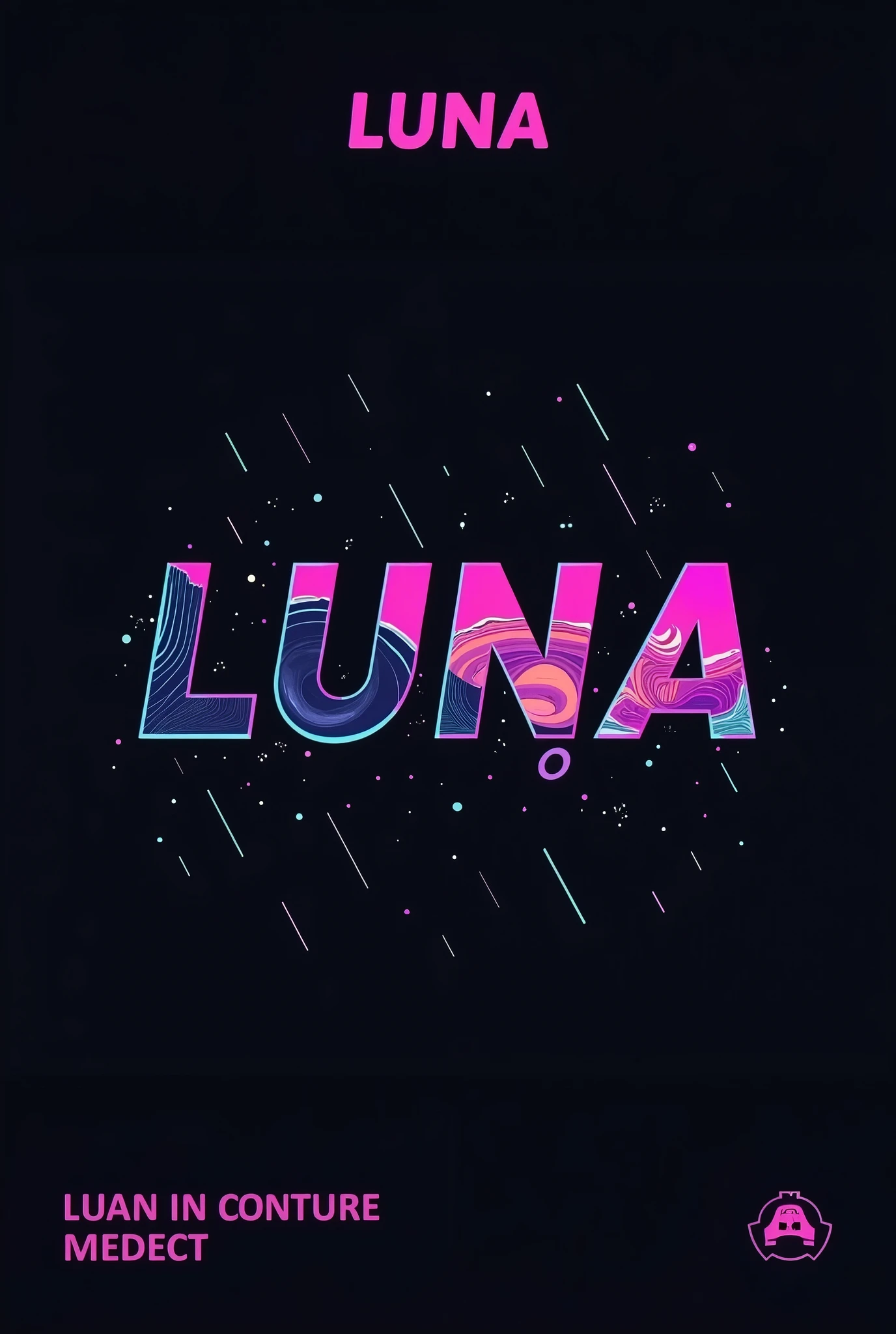 High resolution, Logo for Jdm cars, logo spelling swiftly “Luna” cool, Jdm theme, anime theme, Cyberpunk vibe name spelling, brand logo, logo for tshirt, brand logo “LUNA”, neon vibes, acid trip vibes, acid trip, shooting stars, acid trip inside “LUNA”