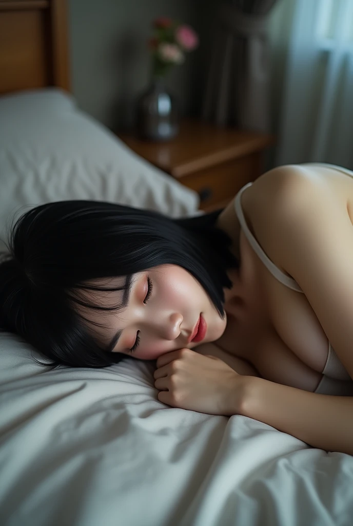 1 Japanese woman with big breasts and bob haircut sleeping face down on bed selfie