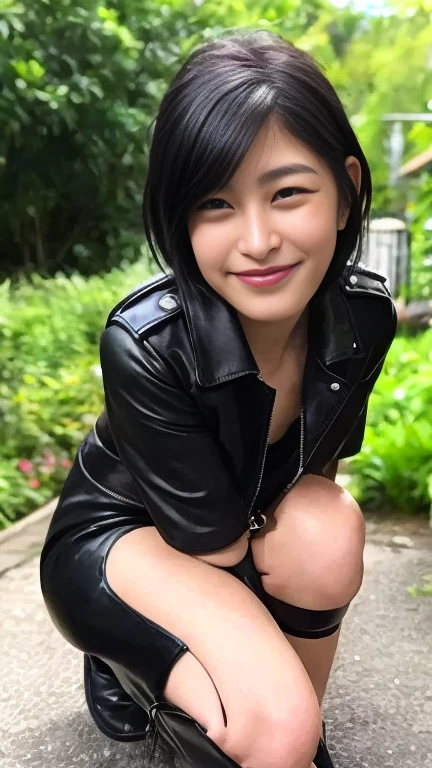 最high quality, 8k, Vibrant, Sharp focus, high quality, Highly detailed eyes, ((Black leather clothing))、garden、Random Hairstyles、Laugh with your mouth open、Very short hair、(From the knee up)、