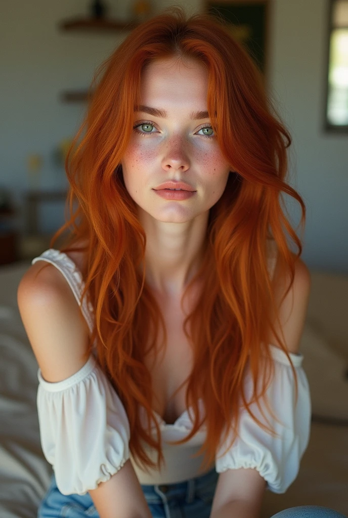 Une fille rousse avec des taches de rousseur et des yeux verts en amande. Les jambes croisées prenant une pose réaliste. She must be a real woman