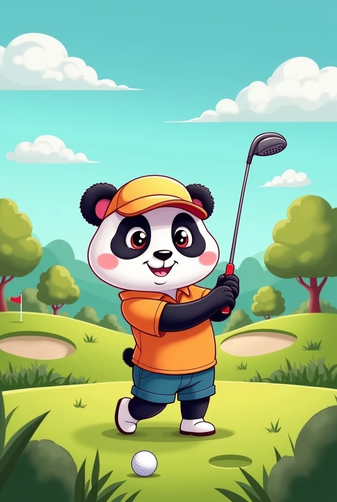 Cartoon cute panda playing golf