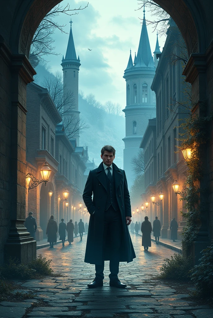 Create a novel cover in which there is dual world which right side is a Victoria-era city and the other Is a medieval fantasy City with there is a man from Victorian era crossing to fantasy world

