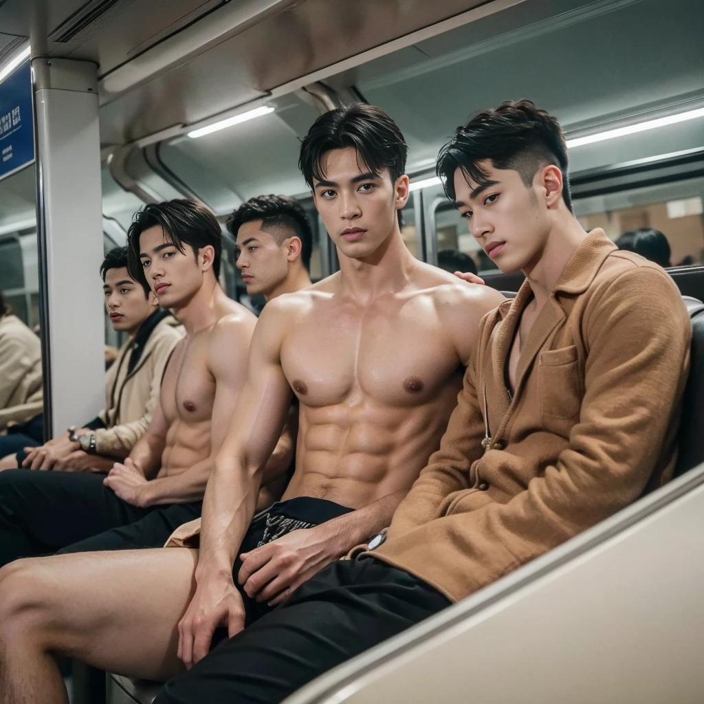   a handsome、 extra very short haine eyes and detailed face、 Highly detailed CG Unity 8K wallpapers ,  A detailed face、dynamicposes、  ((naked))、a handsome、 (photographrealistic:1.4)、 on the train、 (Angle from below),Sitting in a train seat,  crowds around , Watching the viewer only」、 ((Maybe for me))、 posterior view、buttock、Big butt、((handsome man)) ,  3boys , sitting side by side. , 3boys touches each other , groping each other   , sit together  , penis
