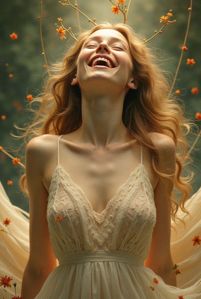 (photorealism:1.2), A woman in ecstasy, very excited, you can see it in her expressions Greg Rutkowski, by Alphonse Mucha