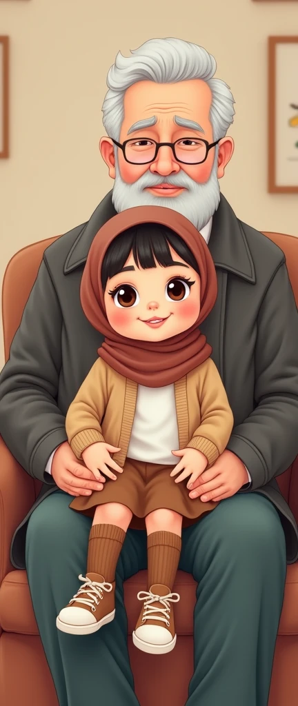Cartoon with text:
(masterpiece, best quality, 4k, expressive eyes, perfect face, 2d style, flat style, hand drawn, perfect Illustration), Cute and adorable face, big detailed eyes,, Cute little cartoon girl, with brown hijab on, bangs, wearing oversized beige cardigan, white shirt, brown skirt, ((brown socks, long socks)), sneakers, on an old mans lap
