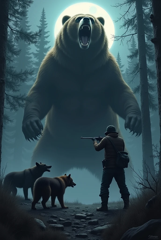 A tense and gripping scene set in a dark, dense forest, where a determined hunter stands firm, aiming his rifle at a ferocious, enormous bear. By his side, loyal bear dogs crouch low, growling and ready to spring into action. The hunter's eyes are locked on the bear, which stands on its hind legs, roaring with fury, its massive size dominating the scene. The atmosphere is charged with danger, the forest silent except for the sounds of the confrontation, with shadows and moonlight casting an eerie glow over the encounter.