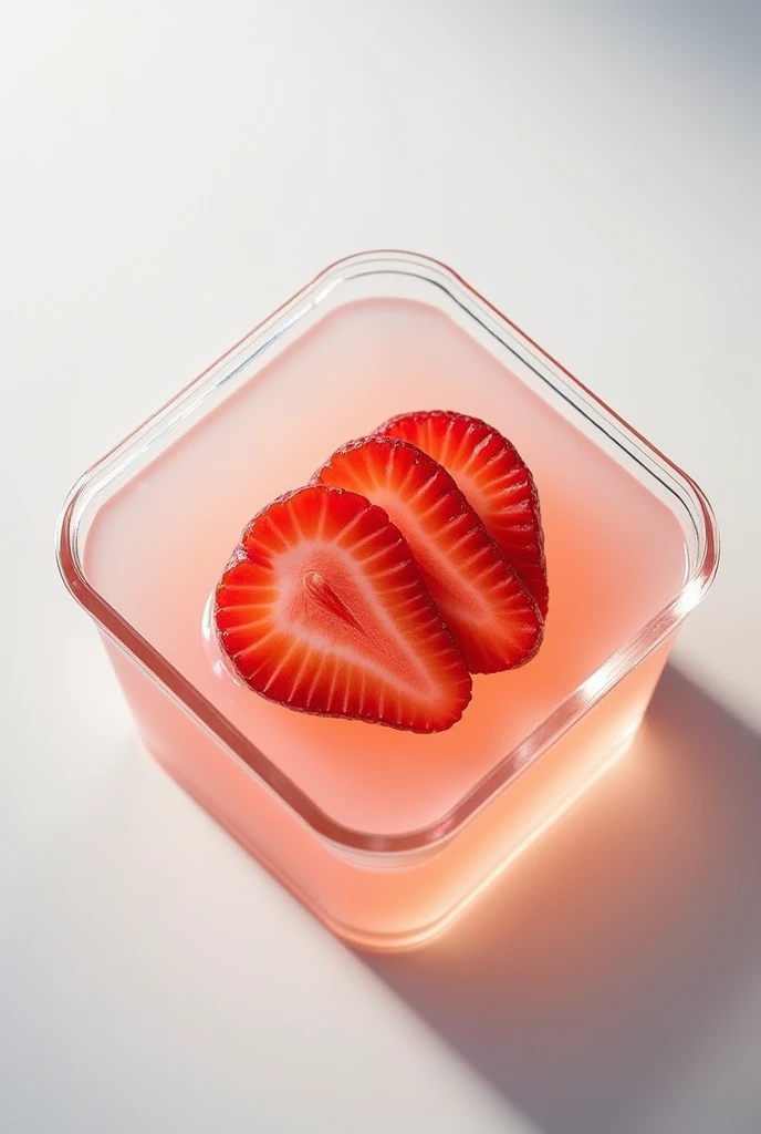 clear jelly has cut and on top with strawberry in the flat clear rectangle box (top angle)