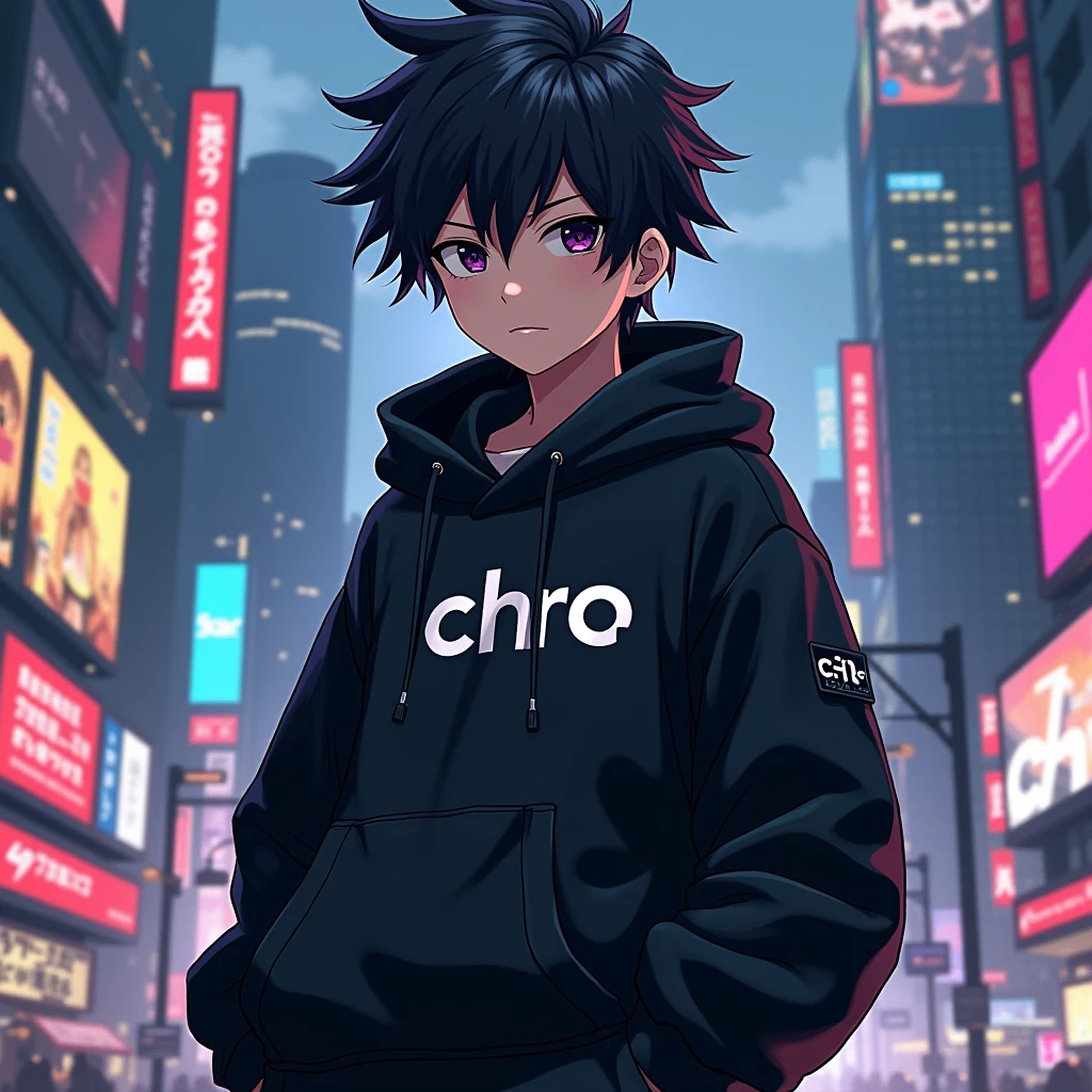 boy anime wearing black aesthetic outfit with a text "Chro" on his clothes, with city background