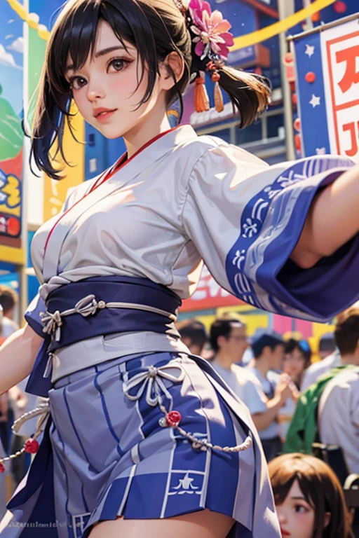 (Japan Bon Odori,最高masterpiece,Highest quality), Hot August,Bright vibrant anime art,People of all ages and genders dance and dance, Dancing in yukata,Laughing and dancing, Showing white teeth,Men and women dance in a circle, masterpiece,Highest quality,High resolution,