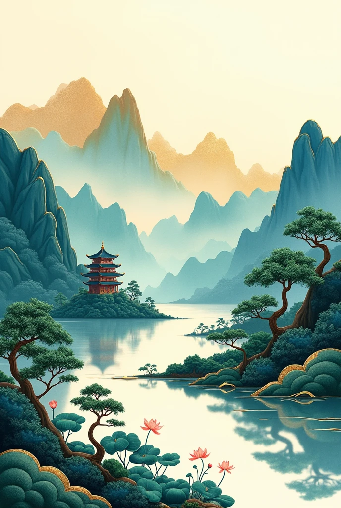 lots of white space.Chinese embroidery craft of a golden, blue and green mountain with pavilions and trees, with gilding and flowing liquid gold details. A minimalist color field style with freehand brushwork, blank spaces leaving organic forms against a simple background. The lotus lake is surrounded by golden edges in the style of Chinese landscape painting, with 8k details.