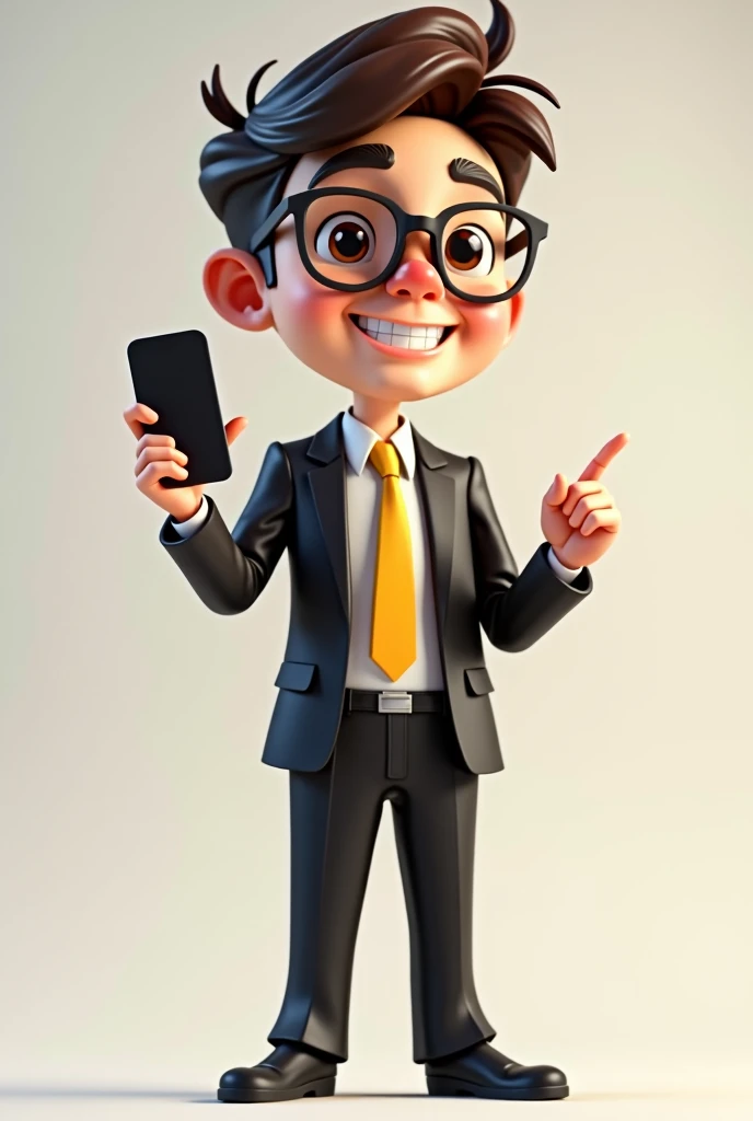 A full body 3D cartoon character. He has a friendly, charismatic appearance and is smiling. The character is a young man with fair skin, straight dark brown hair, thick eyebrows, large brown eyes and wears glasses. His demeanor is cheerful.
The character is dressed formally, wearing a black suit with a yellow tie.
With one hand she is holding a cell phone and with the other she is pointing at the cell phone. The background of the image is neutral, which highlights the character even more.