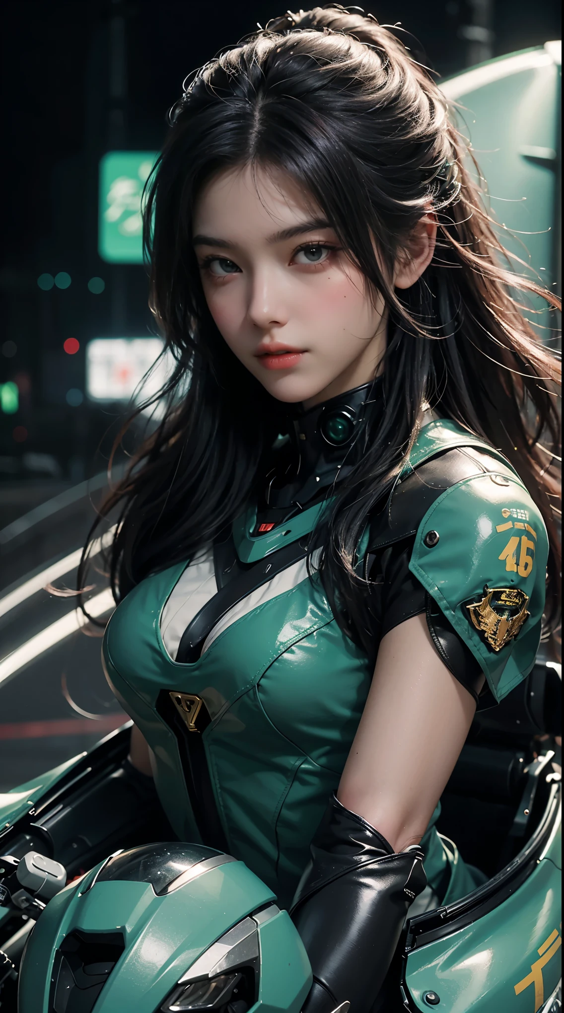 Highest image quality, outstanding details, ultra-high resolution, (realism: 1.4), the best illustration, favor details, highly condensed 1girl, with a delicate and beautiful face, dressed in a black and green mecha, wearing a mecha helmet, holding a directional controller, riding on a motorcycle, the background is a high-tech lighting scene of the future city.