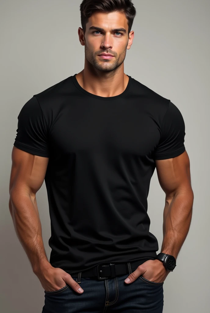 handsome man 2 , toned body, short dark hair and blue eyes, black t-shirt and jeans, manly