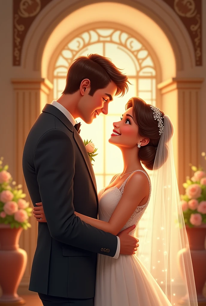 Create an image
Smiling couple digital art illustration
She smiled, her eyes glistening with tears of joy, and whispered back, ‘And I’ll love you forever
The couple must wear wedding dresse at hall