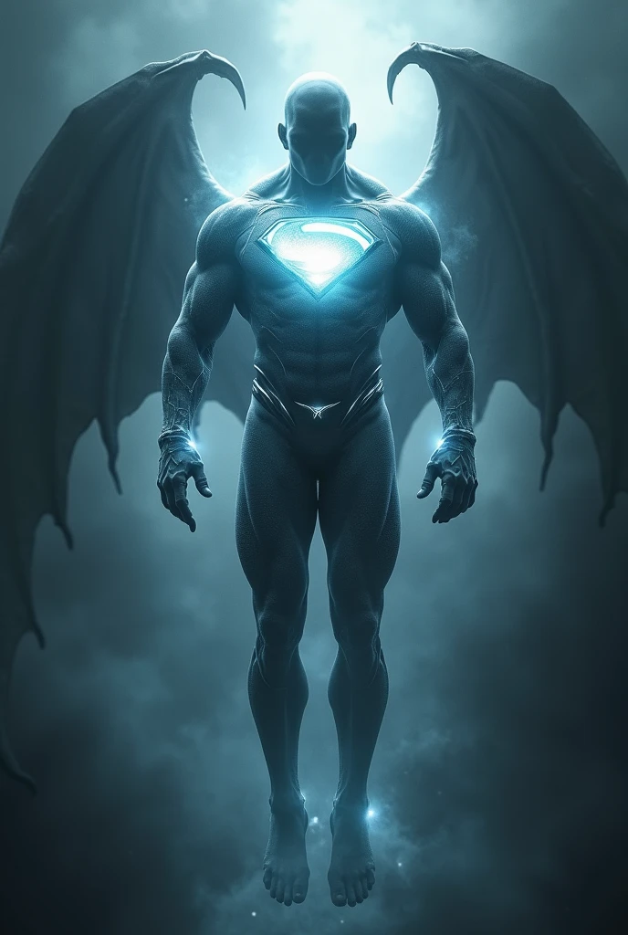 A man standing on air without revealing his face and body he was like a ghost baground like black world . He is muscular his suits like compind with two hetos Dhoom and superman . In his chest have aura symbol . His background have a dragon shade