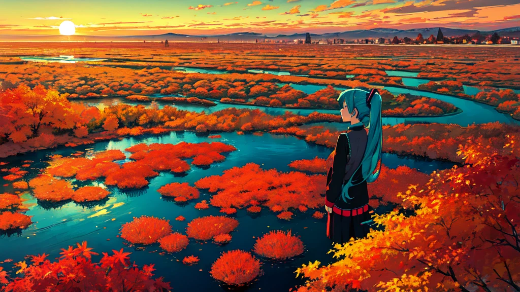 (masterpiece, Highest quality:1.3), (Flat Color:1.3),(colorful:1.3),View your viewers,One person,alone,floating colorful water,(2D:1.3), Hatsune Miku, Autumn sunset