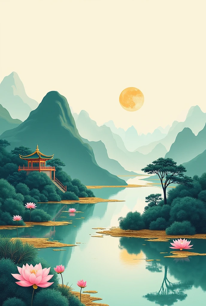 lots of white space.Chinese embroidery craft of a golden, blue and green mountain with pavilions and trees, with gilding and flowing liquid gold details. A minimalist color field style with freehand brushwork, blank spaces leaving organic forms against a simple background. The lotus lake is surrounded by golden edges in the style of Chinese landscape painting, with 8k details.