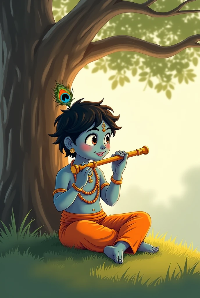 Little Lord Krishna, with a gentle smile and bright, inquisitive eyes, sitting cross-legged on a lush green grassy patch under the shade of a towering tree, whose gnarled branches stretch upwards towards the sky, holding a delicate, intricately carved bamboo flute in his right hand, adorned with a peacock feather attached to the side of his head, its vibrant blues and greens glistening in the soft, warm sunlight, in a serene and peaceful atmosphere, depicted in a whimsical and expressive 2D drawing style, with bold lines, soft textures, and a mix of earthy tones, such as olive greens, terracottas, and creamy whites, evoking a sense of innocence and joy.