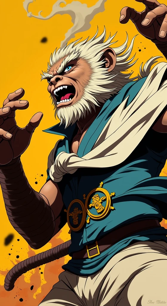 Sun Wukong from Black myth Wukong game in a very dynamic pose fighting his enemy in his iconic outfit and monkey features but very muscular anime version