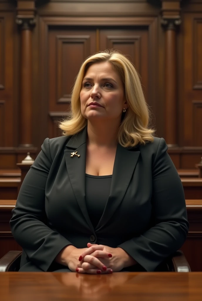 A fat 30-something blonde girl sits in court