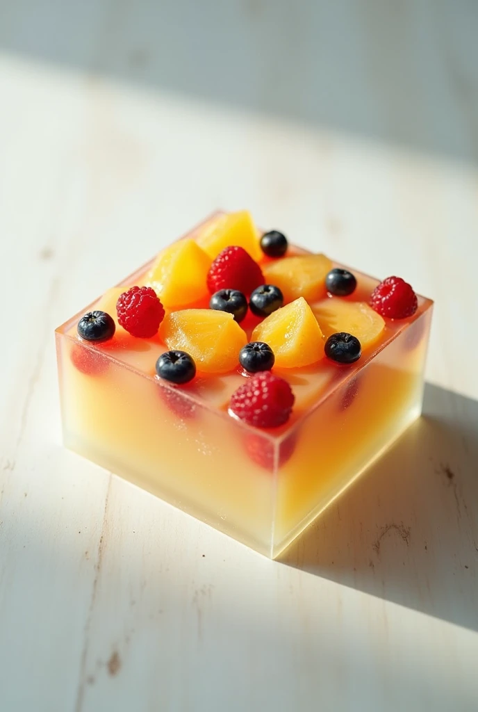 clear jelly has cut and on top with fruity in the flat clear rectangle box (top angle)