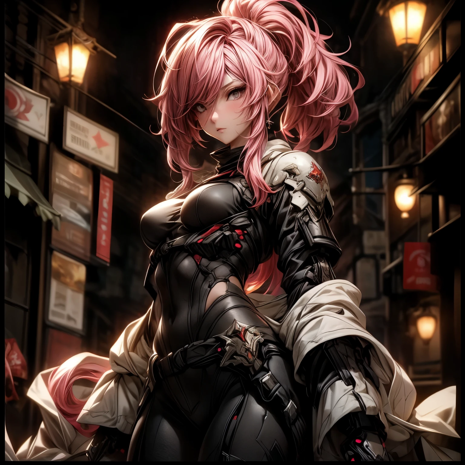 (best quality)), ((Masterpiece)), (details:1.4), 3d, HDR (high dynamic range), an image of a beautiful cyberpunk female, Hips up, Pink hair, High ponytail, beautiful white eyes, จมูกโด่ง, ปากแดง, หน้าอกใหญ่, nvidia RTX, PBR surface, After processing, Anisotropic filtration,depth of field, Maximum clarity and clarity, multi-layered surface, Subsurface scattering, perfect proportions, 8K raw files, ultra detailed, Perfect proportions, volumetric lighting, soft lighting, Holy Knight, Heavy Red Armor, glossy skin, Castle background, jewely, ต่างหู, นิ้วมือสมบูรณ์,