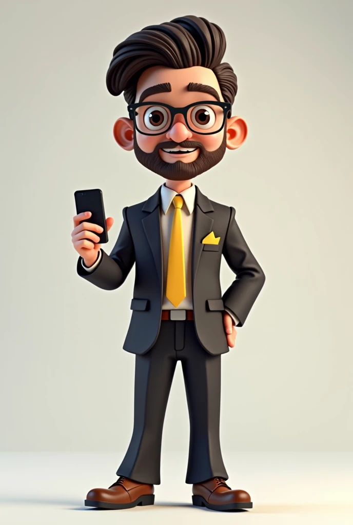 A full body 3D cartoon character. The character is a young man with fair skin, a beard and dark brown hair combed up, thick eyebrows, large brown eyes and wears glasses. His expression is neutral, with a calm and composed demeanor.

The character is dressed formally, wearing a black suit, white shirt and yellow tie. In his jacket pocket there is a yellow handkerchief, matching his tie.

He is holding a cell phone in his right hand and his left hand is pointing at the cell phone. The background of the image is neutral, which highlights the character even more.
