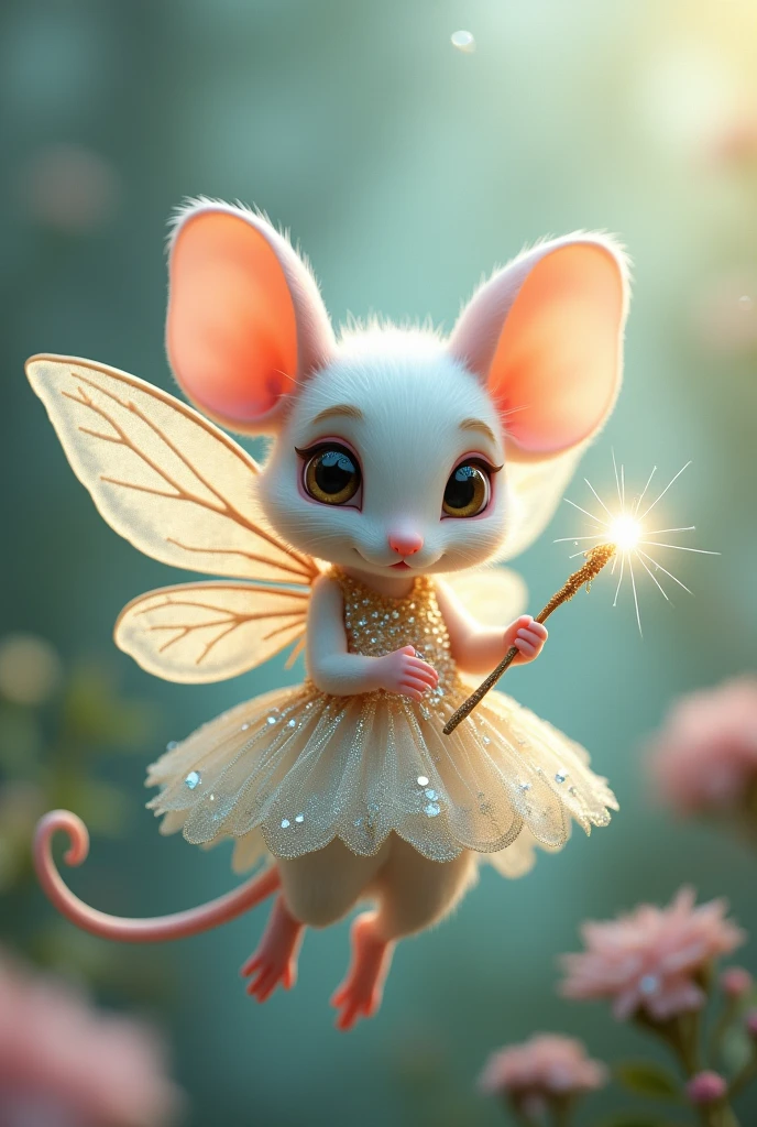 A cute white mouse with big eyes and wings like a butterfly fairy wearing a cute, sparkling dress holding a magic wand.