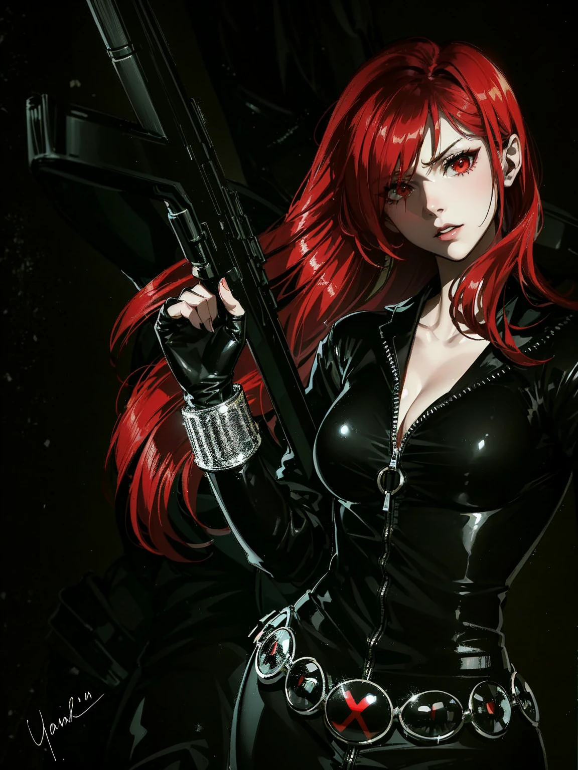 The image features a girl known as Black Widow with red, shoulder-length hair, and dressed in a sleek skin-tight shiny black latex bodysuit with a deep-cut zipper neckline revealing a large chest, the silver zipper running down the front. The suit is complemented by her golden wrist guard on both wrists and a black silver belt made of shiny black circles with a red "black widow" symbol buckle. She handles an AK-47 rifle with her right hand, one on top of the other. She appears with a cute smile on her face. She is set against a dark, black background, which contrasts her appearance and emphasizes her figure. From her intense gaze and serious expression, she appears confident, powerful, and ready for action.