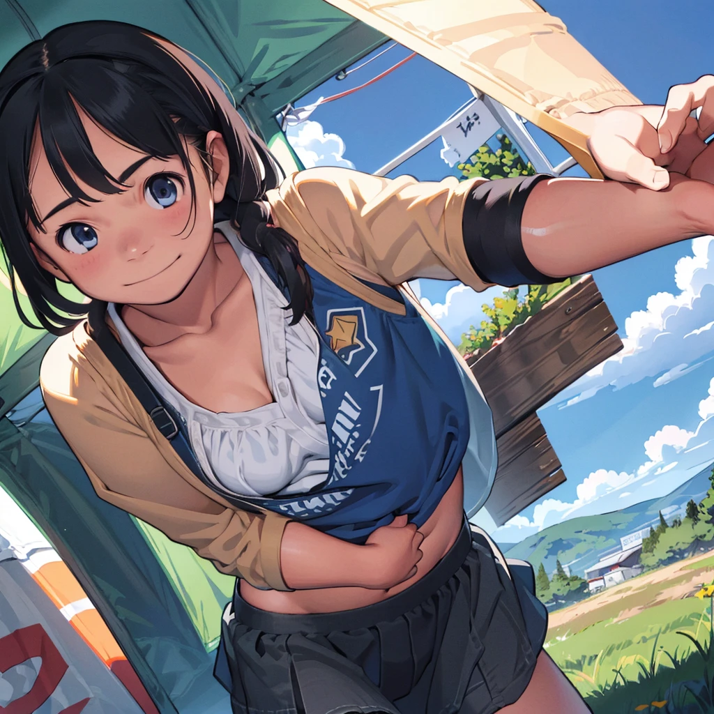 Mountains in the distance々、(campsite、camping)、Summer sun、((、several girls))、Big Eyes、Healthy girl、Strong sunlight、Summer sun、cumulonimbus、Blue sky、(Cute smile)、Slender、small breast、(cleavage)、cute and beauty girl、Clear skin、(Tank top and mini skirt)、(Her belly button is visible)、Detailed face、Detailed Hair、detail eyes, looking at viewer、hair ornaments、(Inside the tent, kneeling)、