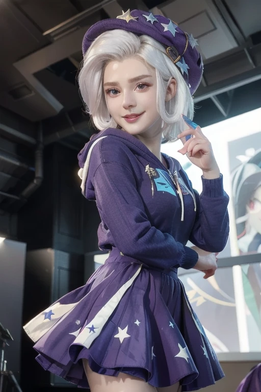 mlptrixie, white hair, wizard hat, purple eyes, colored skin, blue skin, star hair ornament, blue hoodie, purple skirt, looking at viewer, serious, grin, medium shot, action pose, holding a wand, on stage, bright lighting, high quality, masterpiece,