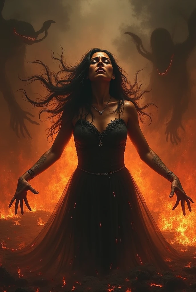 Depicts a woman trapped in hell surrounded by fire and scary shadows that tear her body apart..