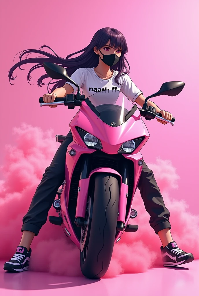 A more real-life style anime with long hair and a black mask on top of a pink motorcycle on a pink background with pink smoke with black pants and a white t-shirt written "NAATH FF" and black sneakers with writing "mf" and fire
