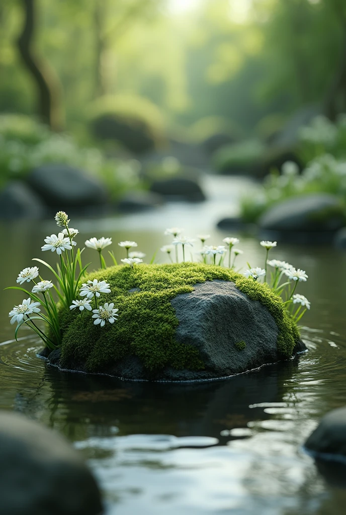 a moss-covered rock, surrounded by fresh white flowers and a gently flowing stream, creating a sense of tranquility and freshness.